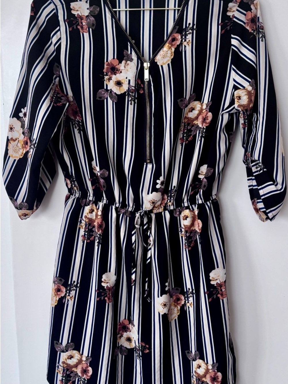 Stella Tweed| Black & White Striped Gold Floral 3/4 Sleeve Waist Cinched Dress S